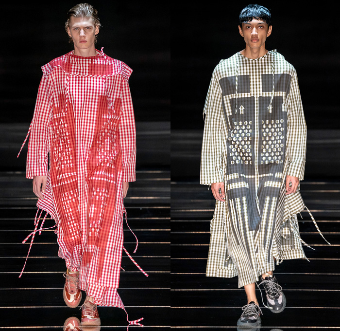 Craig Green 2020 Spring Summer Mens Runway Catwalk Looks Collection London Fashion Week Mens LFWM - Lantern Men Papel Picado Paper Cutout Scissor Cut Patterns Vase Sun Flatpack Gingham Picnic Check Caftan Djellaba Onesie Strings Geometric Parka Coat Holes Quilted Puffer Nylon Ribbed Skin Padded Straps Pinstripe Cargo Pockets Leather Bib Brace Hands Gloves Embroidery Harness Body Suit Anatomical Photo Hoodie Rainwear Adidas Trainers