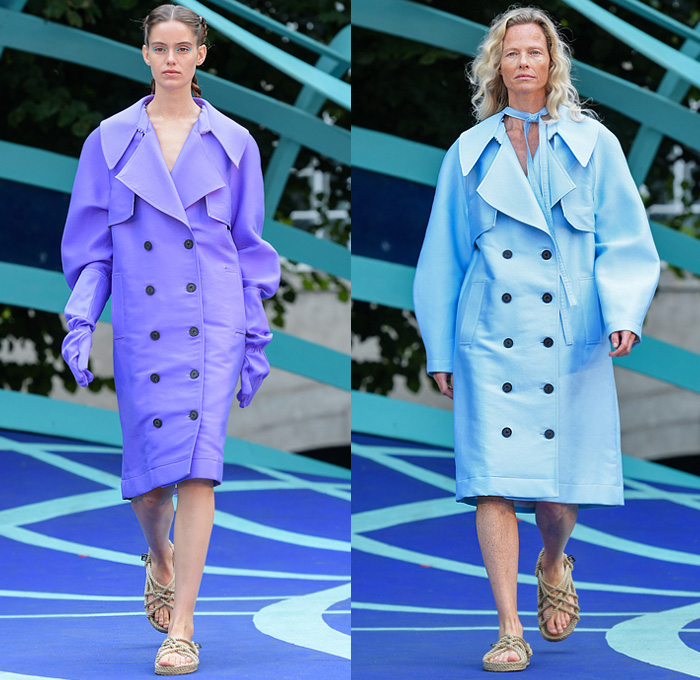 Designers Remix 2020 Spring Summer Womens Runway Catwalk Looks Collection - Copenhagen Fashion Week Denmark CPHFW København - Skyscape Trench Coat Gloves Pantsuit Silk Satin Blazer Capelet Shirtdress Blouse Strapless Noodle Strap Dress Sky Clouds Print Robe Tied Waist Knot Asymmetrical Hem Cinch Drawstring Poufy Shoulders Picnic Check Plaid Ruffles Swirls Knit Wide Leg Slouchy Pants Floppy Hat Rope Sandals Flour Sack Bag