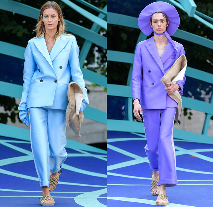 Designers Remix 2020 Spring Summer Womens Runway Catwalk Looks Collection - Copenhagen Fashion Week Denmark CPHFW København - Skyscape Trench Coat Gloves Pantsuit Silk Satin Blazer Capelet Shirtdress Blouse Strapless Noodle Strap Dress Sky Clouds Print Robe Tied Waist Knot Asymmetrical Hem Cinch Drawstring Poufy Shoulders Picnic Check Plaid Ruffles Swirls Knit Wide Leg Slouchy Pants Floppy Hat Rope Sandals Flour Sack Bag