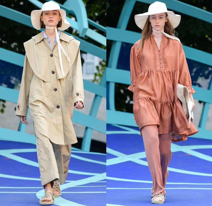 Designers Remix 2020 Spring Summer Womens Runway Catwalk Looks Collection - Copenhagen Fashion Week Denmark CPHFW København - Skyscape Trench Coat Gloves Pantsuit Silk Satin Blazer Capelet Shirtdress Blouse Strapless Noodle Strap Dress Sky Clouds Print Robe Tied Waist Knot Asymmetrical Hem Cinch Drawstring Poufy Shoulders Picnic Check Plaid Ruffles Swirls Knit Wide Leg Slouchy Pants Floppy Hat Rope Sandals Flour Sack Bag