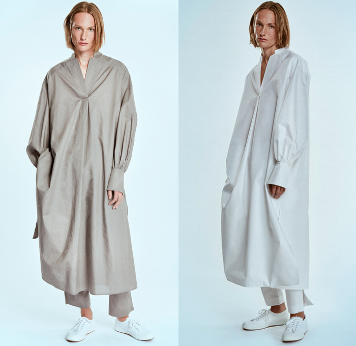 Dice Kayek 2020 Spring Summer Womens Mens Unisex Lookbook Presentation - Mode à Paris Fashion Week France - Ottoman Dandies Gender Fluid Unisex Androgynous Shirtdress Caftan Sarouel Harem Pants Elongated Hem Tunic Nightgown Raw Denim Jeans Vest Contrast Stitching Poufy Wide Bell Sleeves Lace Embroidery Cutwork Eyelets Broderie Anglaise Accordion Pleats Cinch Drawstring Ruffles Long Sleeve Blouse Blazer Maxi Dress Sheer Stripes Wide Leg Clogs Platform Shoes Sneakers