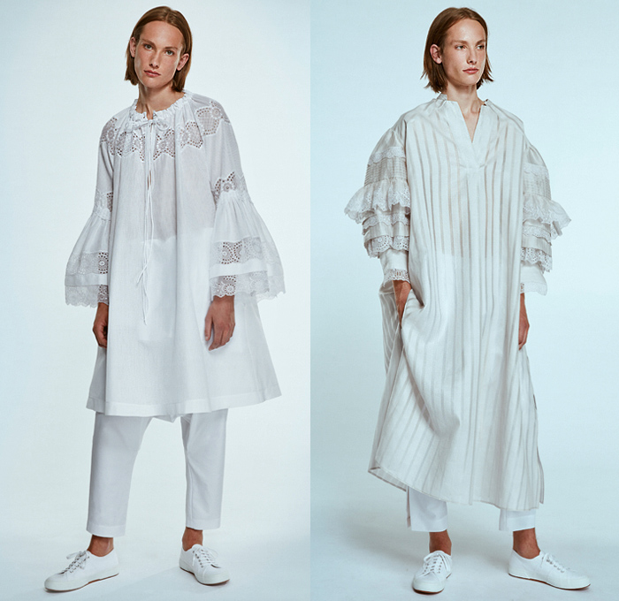 Dice Kayek 2020 Spring Summer Womens Mens Unisex Lookbook Presentation - Mode à Paris Fashion Week France - Ottoman Dandies Gender Fluid Unisex Androgynous Shirtdress Caftan Sarouel Harem Pants Elongated Hem Tunic Nightgown Raw Denim Jeans Vest Contrast Stitching Poufy Wide Bell Sleeves Lace Embroidery Cutwork Eyelets Broderie Anglaise Accordion Pleats Cinch Drawstring Ruffles Long Sleeve Blouse Blazer Maxi Dress Sheer Stripes Wide Leg Clogs Platform Shoes Sneakers