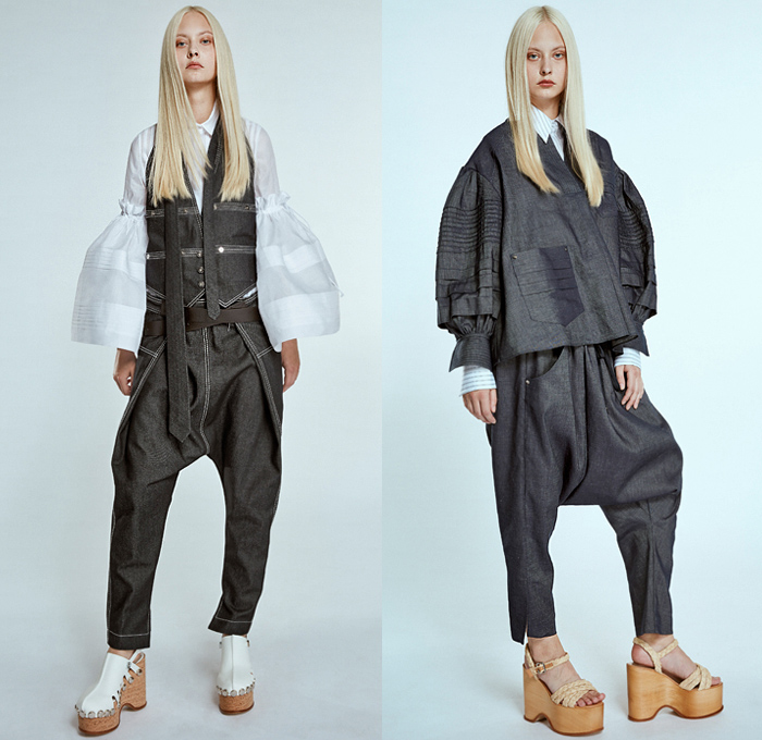 Dice Kayek 2020 Spring Summer Womens Mens Unisex Lookbook Presentation - Mode à Paris Fashion Week France - Ottoman Dandies Gender Fluid Unisex Androgynous Shirtdress Caftan Sarouel Harem Pants Elongated Hem Tunic Nightgown Raw Denim Jeans Vest Contrast Stitching Poufy Wide Bell Sleeves Lace Embroidery Cutwork Eyelets Broderie Anglaise Accordion Pleats Cinch Drawstring Ruffles Long Sleeve Blouse Blazer Maxi Dress Sheer Stripes Wide Leg Clogs Platform Shoes Sneakers