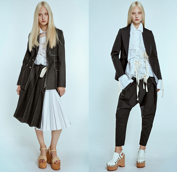 Dice Kayek 2020 Spring Summer Womens Mens Unisex Lookbook Presentation - Mode à Paris Fashion Week France - Ottoman Dandies Gender Fluid Unisex Androgynous Shirtdress Caftan Sarouel Harem Pants Elongated Hem Tunic Nightgown Raw Denim Jeans Vest Contrast Stitching Poufy Wide Bell Sleeves Lace Embroidery Cutwork Eyelets Broderie Anglaise Accordion Pleats Cinch Drawstring Ruffles Long Sleeve Blouse Blazer Maxi Dress Sheer Stripes Wide Leg Clogs Platform Shoes Sneakers