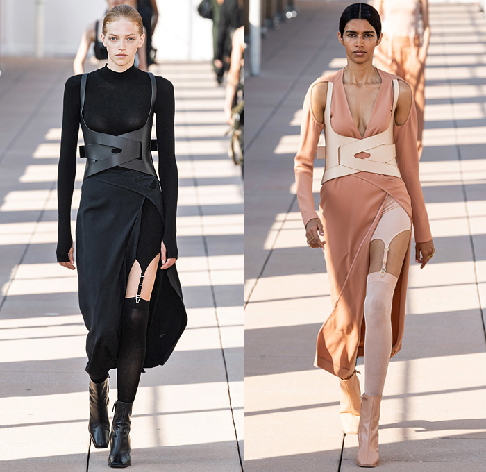 Dion Lee 2020 Spring Summer Womens Runway Catwalk Looks Collection - New York Fashion Week NYFW - Lingerie Intimates Bustier Bralette Pockets Crop Top Midriff Straps Belts Harness Mesh Pinstripe Blazer Mockneck Sweaterdress Strapless Cinch Bell Sleeves Bandana Bandanna Paisley Halterneck Knot Tie Up Waist Lace Embroidery Dress Drawstring Pants High Slit Skirt Tights Sheer Tulle Pleats Thigh High Boots Snakeskin Handbag