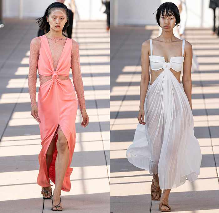 Dion Lee 2020 Spring Summer Womens Runway Catwalk Looks Collection - New York Fashion Week NYFW - Lingerie Intimates Bustier Bralette Pockets Crop Top Midriff Straps Belts Harness Mesh Pinstripe Blazer Mockneck Sweaterdress Strapless Cinch Bell Sleeves Bandana Bandanna Paisley Halterneck Knot Tie Up Waist Lace Embroidery Dress Drawstring Pants High Slit Skirt Tights Sheer Tulle Pleats Thigh High Boots Snakeskin Handbag