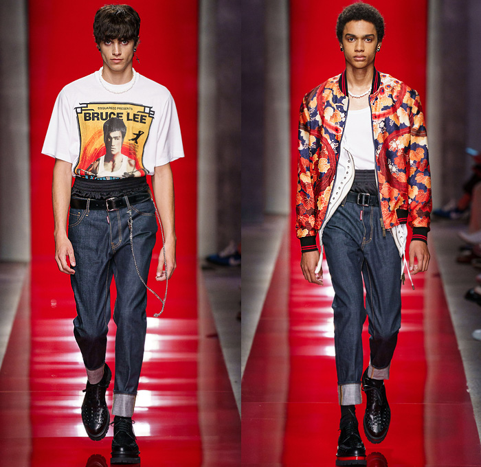 Dsquared2 2020 Spring Summer Mens Runway Looks Collection Milan Fashion Week Mens MFW Milano Moda Uomo - Red 2 Chinese Silk Satin Prints Bruce Lee Tiger Stripes Chrysanthemums Flowers Floral Kimono Robe Bomber Jacket Anorak Lace Embroidery Tank Top Frayed Raw Hem Denim Jeans Blazer Coat Parka Onesie Jumpsuit Coveralls Cargo Utility Pockets Gold Motorcycle Biker Vest Laces Boxer Shorts Boots