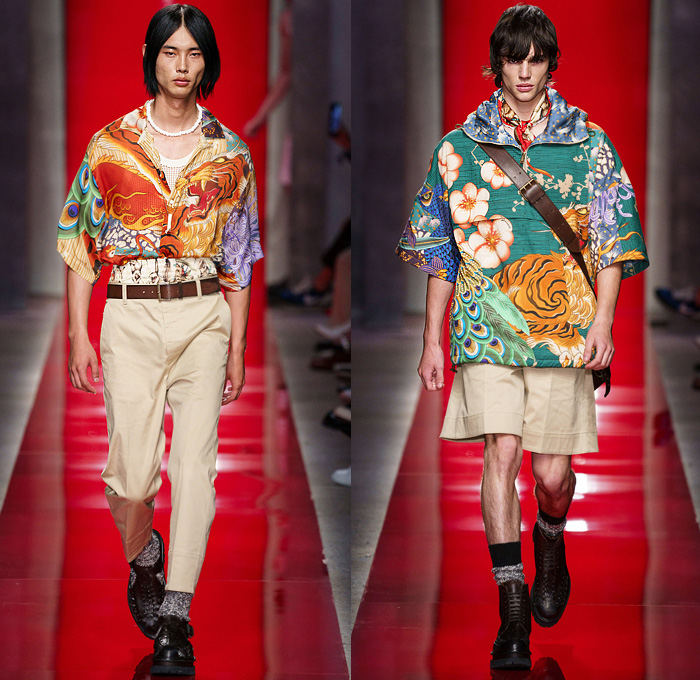 Dsquared2 2020 Spring Summer Mens Runway Looks Collection Milan Fashion Week Mens MFW Milano Moda Uomo - Red 2 Chinese Silk Satin Prints Bruce Lee Tiger Stripes Chrysanthemums Flowers Floral Kimono Robe Bomber Jacket Anorak Lace Embroidery Tank Top Frayed Raw Hem Denim Jeans Blazer Coat Parka Onesie Jumpsuit Coveralls Cargo Utility Pockets Gold Motorcycle Biker Vest Laces Boxer Shorts Boots