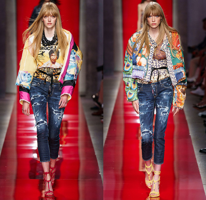 Dsquared2 2020 Spring Summer Womens Runway Looks Collection Milan Fashion Week Mens MFW Milano Moda Uomo - Red 2 Chinese Silk Satin Prints Bruce Lee Peacock Tiger Stripes Chrysanthemums Flowers Floral Kimono Robe Tank Top Frayed Raw Hem Denim Jeans Cutoffs Shorts Quilted Puffer Motorcycle Biker Zippers Onesie Jumpsuit Coveralls Lace Up Gold Swimsuit Handbag Beads Baggy Tapered Cargo Pants Obi Sash Noodle Strap Tiered Ruffles Dress Rope Heels Open Toe Boots Sandals