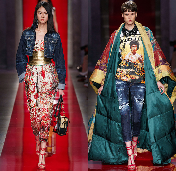 Dsquared2 2020 Spring Summer Womens Runway Looks Collection Milan Fashion Week Mens MFW Milano Moda Uomo - Red 2 Chinese Silk Satin Prints Bruce Lee Peacock Tiger Stripes Chrysanthemums Flowers Floral Kimono Robe Tank Top Frayed Raw Hem Denim Jeans Cutoffs Shorts Quilted Puffer Motorcycle Biker Zippers Onesie Jumpsuit Coveralls Lace Up Gold Swimsuit Handbag Beads Baggy Tapered Cargo Pants Obi Sash Noodle Strap Tiered Ruffles Dress Rope Heels Open Toe Boots Sandals