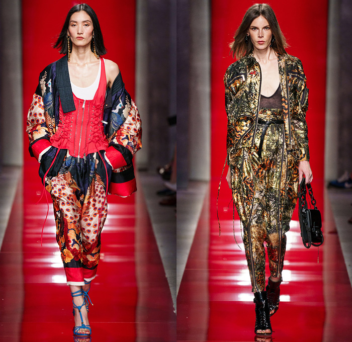 Dsquared2 2020 Spring Summer Womens Runway Looks Collection Milan Fashion Week Mens MFW Milano Moda Uomo - Red 2 Chinese Silk Satin Prints Bruce Lee Peacock Tiger Stripes Chrysanthemums Flowers Floral Kimono Robe Tank Top Frayed Raw Hem Denim Jeans Cutoffs Shorts Quilted Puffer Motorcycle Biker Zippers Onesie Jumpsuit Coveralls Lace Up Gold Swimsuit Handbag Beads Baggy Tapered Cargo Pants Obi Sash Noodle Strap Tiered Ruffles Dress Rope Heels Open Toe Boots Sandals