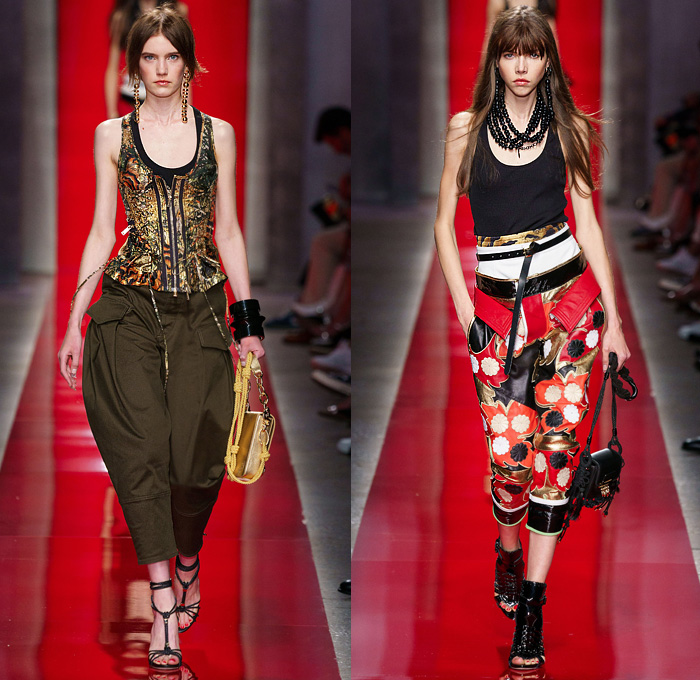 Dsquared2 2020 Spring Summer Womens Runway Looks Collection Milan Fashion Week Mens MFW Milano Moda Uomo - Red 2 Chinese Silk Satin Prints Bruce Lee Peacock Tiger Stripes Chrysanthemums Flowers Floral Kimono Robe Tank Top Frayed Raw Hem Denim Jeans Cutoffs Shorts Quilted Puffer Motorcycle Biker Zippers Onesie Jumpsuit Coveralls Lace Up Gold Swimsuit Handbag Beads Baggy Tapered Cargo Pants Obi Sash Noodle Strap Tiered Ruffles Dress Rope Heels Open Toe Boots Sandals