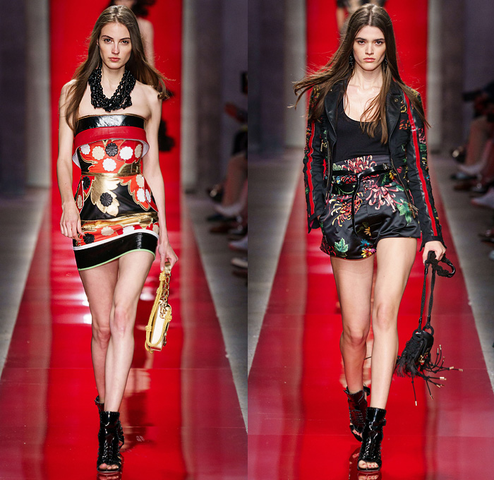 Dsquared2 2020 Spring Summer Womens Runway Looks Collection Milan Fashion Week Mens MFW Milano Moda Uomo - Red 2 Chinese Silk Satin Prints Bruce Lee Peacock Tiger Stripes Chrysanthemums Flowers Floral Kimono Robe Tank Top Frayed Raw Hem Denim Jeans Cutoffs Shorts Quilted Puffer Motorcycle Biker Zippers Onesie Jumpsuit Coveralls Lace Up Gold Swimsuit Handbag Beads Baggy Tapered Cargo Pants Obi Sash Noodle Strap Tiered Ruffles Dress Rope Heels Open Toe Boots Sandals