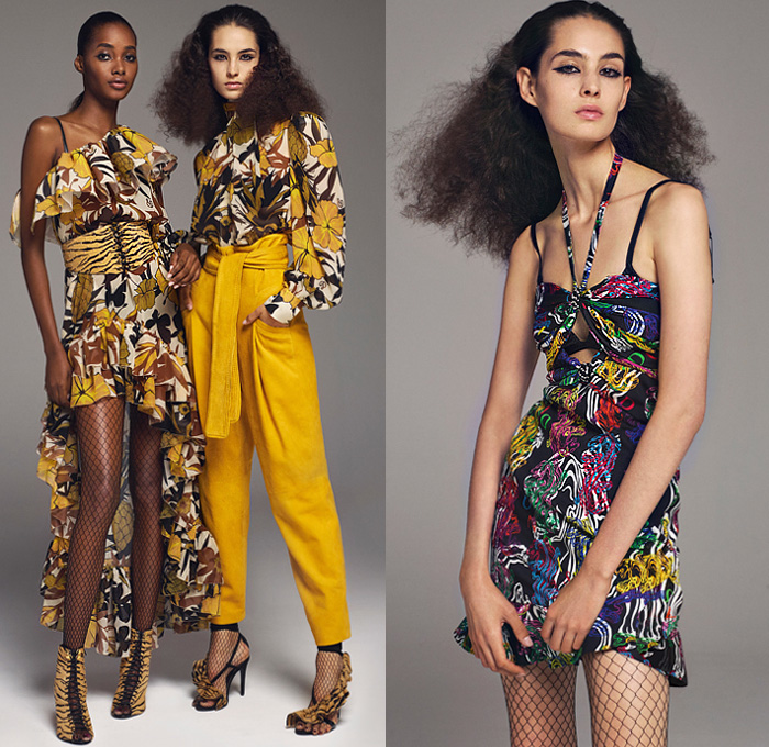 Peter Dundas 2020 Spring Summer Womens Lookbook Presentation - Milano Moda Donna Collezione Milan Fashion Week Italy - D10 Club Tropicana Tropical Flowers Floral Leaves Foliage Pineapple Print Gold Jacquard Bedazzled Sequins Paillettes Snakeskin Leopard Bohemian Maxi Dress Gown Ruffles Strapless One Shoulder Studs Wide Belt Fishnet Stockings Tights High Waist Wide Leg Pants Tied Knot Wrap Noodle Strap Halterneck Turtleneck Blouse Shorts Blazerdress Lace Embroidery Heels Boots