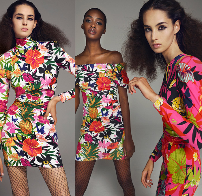 Peter Dundas 2020 Spring Summer Womens Lookbook Presentation - Milano Moda Donna Collezione Milan Fashion Week Italy - D10 Club Tropicana Tropical Flowers Floral Leaves Foliage Pineapple Print Gold Jacquard Bedazzled Sequins Paillettes Snakeskin Leopard Bohemian Maxi Dress Gown Ruffles Strapless One Shoulder Studs Wide Belt Fishnet Stockings Tights High Waist Wide Leg Pants Tied Knot Wrap Noodle Strap Halterneck Turtleneck Blouse Shorts Blazerdress Lace Embroidery Heels Boots