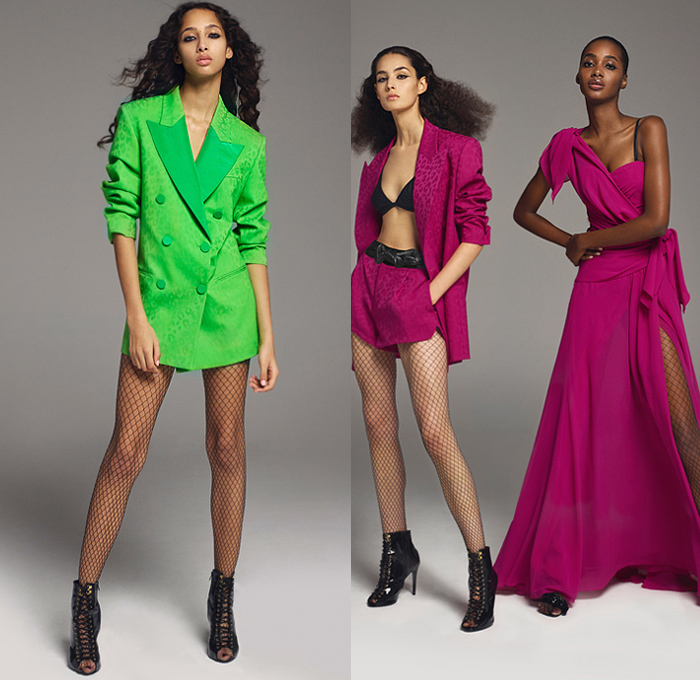 Peter Dundas 2020 Spring Summer Womens Lookbook Presentation - Milano Moda Donna Collezione Milan Fashion Week Italy - D10 Club Tropicana Tropical Flowers Floral Leaves Foliage Pineapple Print Gold Jacquard Bedazzled Sequins Paillettes Snakeskin Leopard Bohemian Maxi Dress Gown Ruffles Strapless One Shoulder Studs Wide Belt Fishnet Stockings Tights High Waist Wide Leg Pants Tied Knot Wrap Noodle Strap Halterneck Turtleneck Blouse Shorts Blazerdress Lace Embroidery Heels Boots