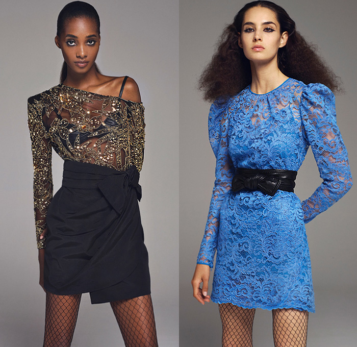 Peter Dundas 2020 Spring Summer Womens Lookbook Presentation - Milano Moda Donna Collezione Milan Fashion Week Italy - D10 Club Tropicana Tropical Flowers Floral Leaves Foliage Pineapple Print Gold Jacquard Bedazzled Sequins Paillettes Snakeskin Leopard Bohemian Maxi Dress Gown Ruffles Strapless One Shoulder Studs Wide Belt Fishnet Stockings Tights High Waist Wide Leg Pants Tied Knot Wrap Noodle Strap Halterneck Turtleneck Blouse Shorts Blazerdress Lace Embroidery Heels Boots