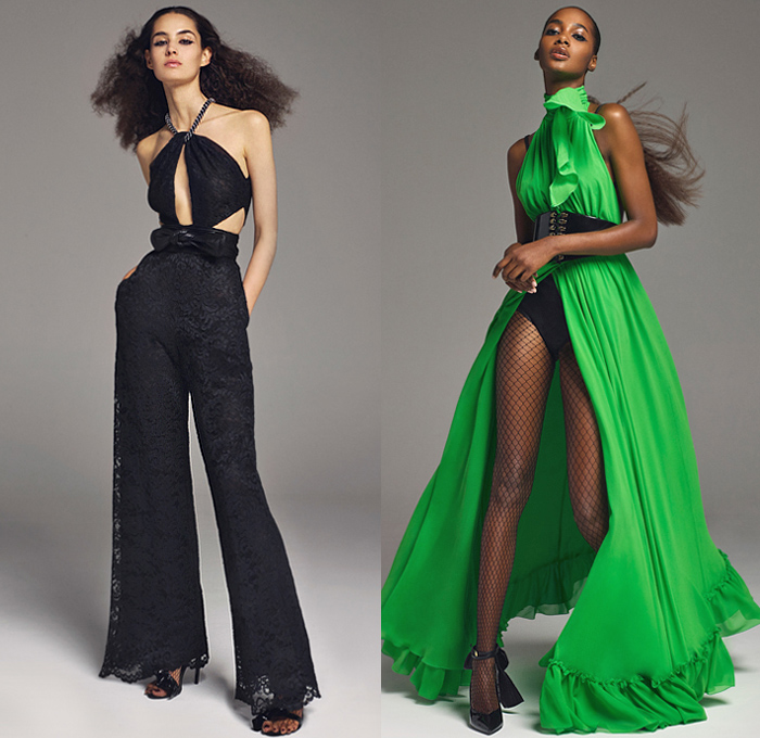 Peter Dundas 2020 Spring Summer Womens Lookbook Presentation - Milano Moda Donna Collezione Milan Fashion Week Italy - D10 Club Tropicana Tropical Flowers Floral Leaves Foliage Pineapple Print Gold Jacquard Bedazzled Sequins Paillettes Snakeskin Leopard Bohemian Maxi Dress Gown Ruffles Strapless One Shoulder Studs Wide Belt Fishnet Stockings Tights High Waist Wide Leg Pants Tied Knot Wrap Noodle Strap Halterneck Turtleneck Blouse Shorts Blazerdress Lace Embroidery Heels Boots