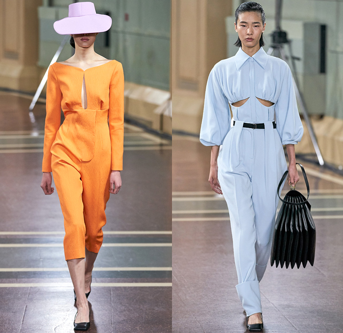 Emilia Wickstead 2020 Spring Summer Womens Runway Catwalk Looks Collection - London Fashion Week Collections UK - Little Women Voluminous Gingham Check Pantsuit Onesie Jumpsuit Straps Coat Crop Top Midriff Blouse Wide Bell Sleeves Blazerdress Sheer Chiffon Tulle Bedazzled Stones Gems Crystals Harness Elongated Hem Draped Flowers Floral Print Habit High Waist Wide Leg Palazzo Pants Large Cuff Cinch Ruffles Church Dress Bulb Gown Robedress Floppy Hat Accordion Handbag Gloves Square Toe