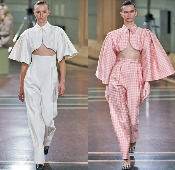 Emilia Wickstead 2020 Spring Summer Womens Runway Catwalk Looks Collection - London Fashion Week Collections UK - Little Women Voluminous Gingham Check Pantsuit Onesie Jumpsuit Straps Coat Crop Top Midriff Blouse Wide Bell Sleeves Blazerdress Sheer Chiffon Tulle Bedazzled Stones Gems Crystals Harness Elongated Hem Draped Flowers Floral Print Habit High Waist Wide Leg Palazzo Pants Large Cuff Cinch Ruffles Church Dress Bulb Gown Robedress Floppy Hat Accordion Handbag Gloves Square Toe