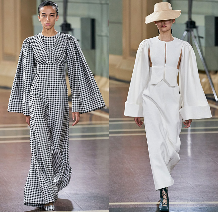 Emilia Wickstead 2020 Spring Summer Womens Runway Catwalk Looks Collection - London Fashion Week Collections UK - Little Women Voluminous Gingham Check Pantsuit Onesie Jumpsuit Straps Coat Crop Top Midriff Blouse Wide Bell Sleeves Blazerdress Sheer Chiffon Tulle Bedazzled Stones Gems Crystals Harness Elongated Hem Draped Flowers Floral Print Habit High Waist Wide Leg Palazzo Pants Large Cuff Cinch Ruffles Church Dress Bulb Gown Robedress Floppy Hat Accordion Handbag Gloves Square Toe