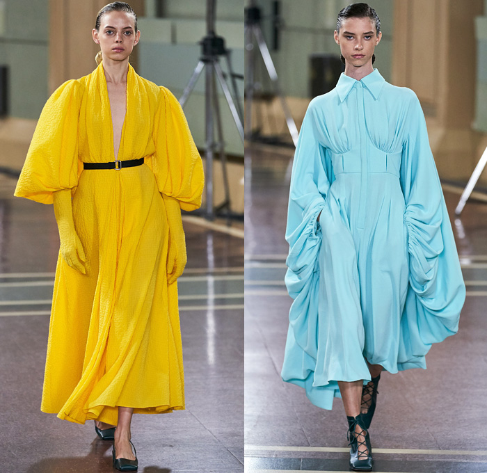 Emilia Wickstead 2020 Spring Summer Womens Runway Catwalk Looks Collection - London Fashion Week Collections UK - Little Women Voluminous Gingham Check Pantsuit Onesie Jumpsuit Straps Coat Crop Top Midriff Blouse Wide Bell Sleeves Blazerdress Sheer Chiffon Tulle Bedazzled Stones Gems Crystals Harness Elongated Hem Draped Flowers Floral Print Habit High Waist Wide Leg Palazzo Pants Large Cuff Cinch Ruffles Church Dress Bulb Gown Robedress Floppy Hat Accordion Handbag Gloves Square Toe