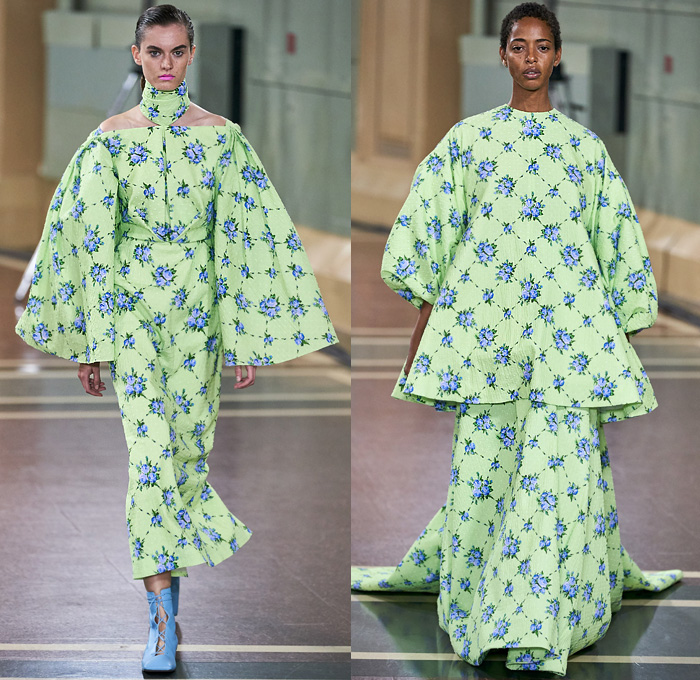 Emilia Wickstead 2020 Spring Summer Womens Runway Catwalk Looks Collection - London Fashion Week Collections UK - Little Women Voluminous Gingham Check Pantsuit Onesie Jumpsuit Straps Coat Crop Top Midriff Blouse Wide Bell Sleeves Blazerdress Sheer Chiffon Tulle Bedazzled Stones Gems Crystals Harness Elongated Hem Draped Flowers Floral Print Habit High Waist Wide Leg Palazzo Pants Large Cuff Cinch Ruffles Church Dress Bulb Gown Robedress Floppy Hat Accordion Handbag Gloves Square Toe