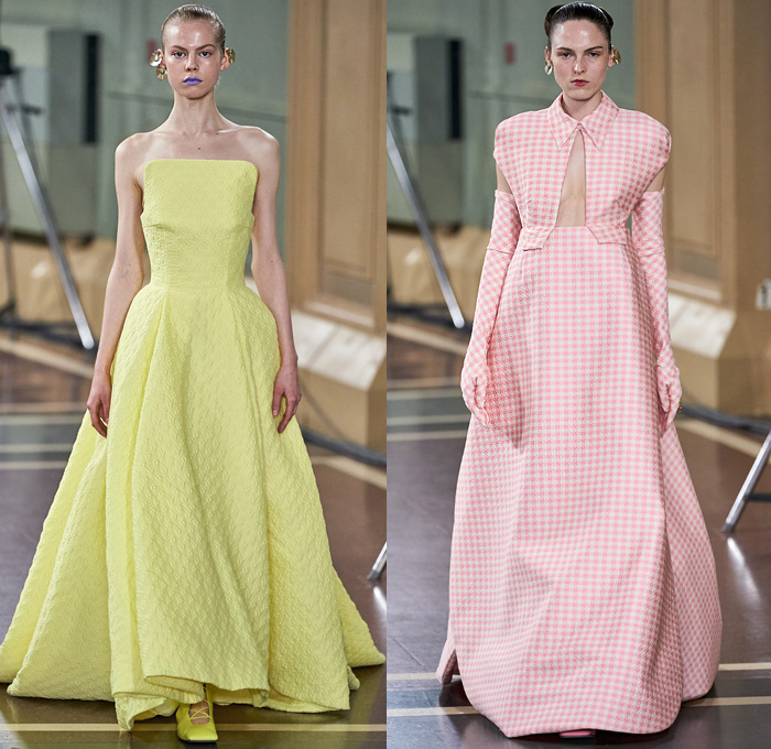 Emilia Wickstead 2020 Spring Summer Womens Runway Catwalk Looks Collection - London Fashion Week Collections UK - Little Women Voluminous Gingham Check Pantsuit Onesie Jumpsuit Straps Coat Crop Top Midriff Blouse Wide Bell Sleeves Blazerdress Sheer Chiffon Tulle Bedazzled Stones Gems Crystals Harness Elongated Hem Draped Flowers Floral Print Habit High Waist Wide Leg Palazzo Pants Large Cuff Cinch Ruffles Church Dress Bulb Gown Robedress Floppy Hat Accordion Handbag Gloves Square Toe