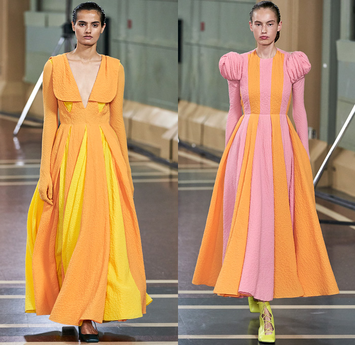 Emilia Wickstead 2020 Spring Summer Womens Runway Catwalk Looks Collection - London Fashion Week Collections UK - Little Women Voluminous Gingham Check Pantsuit Onesie Jumpsuit Straps Coat Crop Top Midriff Blouse Wide Bell Sleeves Blazerdress Sheer Chiffon Tulle Bedazzled Stones Gems Crystals Harness Elongated Hem Draped Flowers Floral Print Habit High Waist Wide Leg Palazzo Pants Large Cuff Cinch Ruffles Church Dress Bulb Gown Robedress Floppy Hat Accordion Handbag Gloves Square Toe
