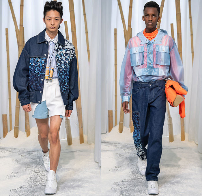 Feng Chen Wang 2020 Spring Summer Mens Runway Looks Collection London Fashion Week Mens LFWM - Lanyinhuabu Indigo Dyeing Bamboo Crafts Basketweave Sweater Shirt Denim Jeans Patchwork Quilted Jacket Sheer Anorak Windbreaker Cargo Utility Pockets Frayed Raw Hem Hybrid Extra Collar Mesh Fishnet Fisherman Hat Trench Coat Double Waistband Stripes Suit Blazer Drawstring Shorts Baseball Cap High Tops Sneakers 