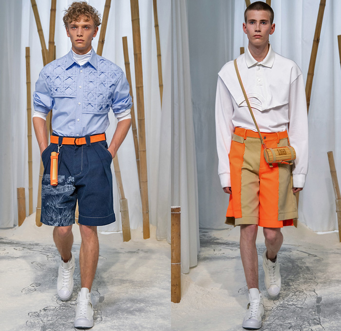 Feng Chen Wang 2020 Spring Summer Mens Runway Looks Collection London Fashion Week Mens LFWM - Lanyinhuabu Indigo Dyeing Bamboo Crafts Basketweave Sweater Shirt Denim Jeans Patchwork Quilted Jacket Sheer Anorak Windbreaker Cargo Utility Pockets Frayed Raw Hem Hybrid Extra Collar Mesh Fishnet Fisherman Hat Trench Coat Double Waistband Stripes Suit Blazer Drawstring Shorts Baseball Cap High Tops Sneakers 