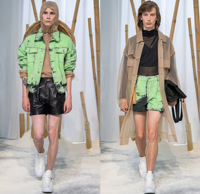 Feng Chen Wang 2020 Spring Summer Mens Runway Looks Collection London Fashion Week Mens LFWM - Lanyinhuabu Indigo Dyeing Bamboo Crafts Basketweave Sweater Shirt Denim Jeans Patchwork Quilted Jacket Sheer Anorak Windbreaker Cargo Utility Pockets Frayed Raw Hem Hybrid Extra Collar Mesh Fishnet Fisherman Hat Trench Coat Double Waistband Stripes Suit Blazer Drawstring Shorts Baseball Cap High Tops Sneakers 