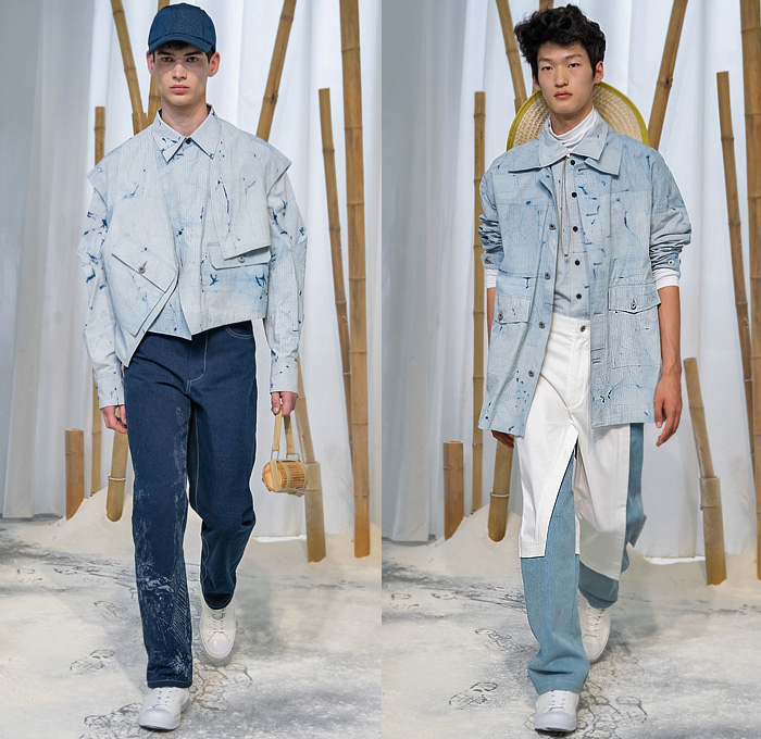 Feng Chen Wang 2020 Spring Summer Mens Runway Looks Collection London Fashion Week Mens LFWM - Lanyinhuabu Indigo Dyeing Bamboo Crafts Basketweave Sweater Shirt Denim Jeans Patchwork Quilted Jacket Sheer Anorak Windbreaker Cargo Utility Pockets Frayed Raw Hem Hybrid Extra Collar Mesh Fishnet Fisherman Hat Trench Coat Double Waistband Stripes Suit Blazer Drawstring Shorts Baseball Cap High Tops Sneakers 