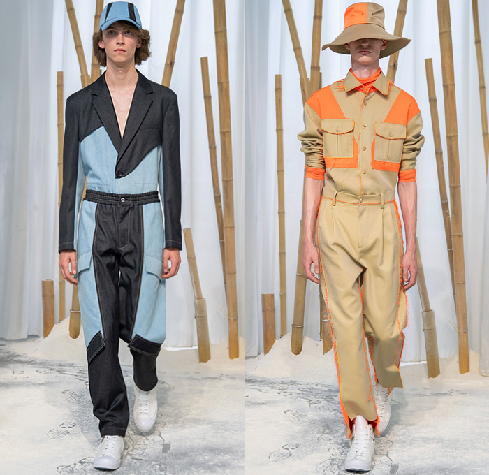 Feng Chen Wang 2020 Spring Summer Mens Runway Looks Collection London Fashion Week Mens LFWM - Lanyinhuabu Indigo Dyeing Bamboo Crafts Basketweave Sweater Shirt Denim Jeans Patchwork Quilted Jacket Sheer Anorak Windbreaker Cargo Utility Pockets Frayed Raw Hem Hybrid Extra Collar Mesh Fishnet Fisherman Hat Trench Coat Double Waistband Stripes Suit Blazer Drawstring Shorts Baseball Cap High Tops Sneakers 