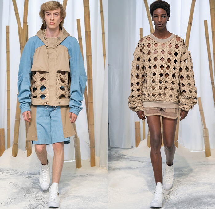 Feng Chen Wang 2020 Spring Summer Mens Runway Looks Collection London Fashion Week Mens LFWM - Lanyinhuabu Indigo Dyeing Bamboo Crafts Basketweave Sweater Shirt Denim Jeans Patchwork Quilted Jacket Sheer Anorak Windbreaker Cargo Utility Pockets Frayed Raw Hem Hybrid Extra Collar Mesh Fishnet Fisherman Hat Trench Coat Double Waistband Stripes Suit Blazer Drawstring Shorts Baseball Cap High Tops Sneakers 