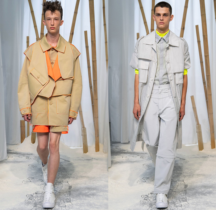 Feng Chen Wang 2020 Spring Summer Mens Runway Looks Collection London Fashion Week Mens LFWM - Lanyinhuabu Indigo Dyeing Bamboo Crafts Basketweave Sweater Shirt Denim Jeans Patchwork Quilted Jacket Sheer Anorak Windbreaker Cargo Utility Pockets Frayed Raw Hem Hybrid Extra Collar Mesh Fishnet Fisherman Hat Trench Coat Double Waistband Stripes Suit Blazer Drawstring Shorts Baseball Cap High Tops Sneakers 