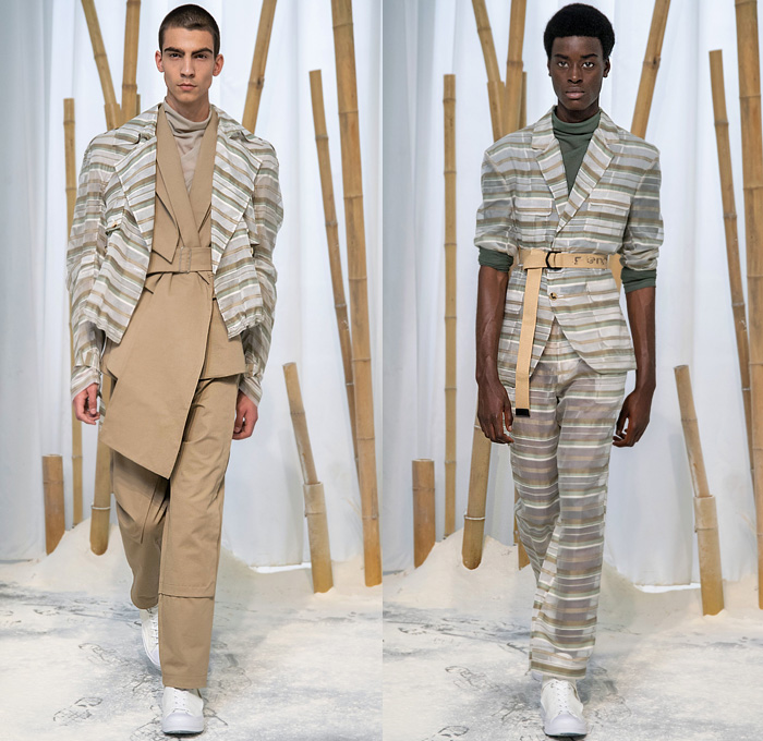 Feng Chen Wang 2020 Spring Summer Mens Runway Looks Collection London Fashion Week Mens LFWM - Lanyinhuabu Indigo Dyeing Bamboo Crafts Basketweave Sweater Shirt Denim Jeans Patchwork Quilted Jacket Sheer Anorak Windbreaker Cargo Utility Pockets Frayed Raw Hem Hybrid Extra Collar Mesh Fishnet Fisherman Hat Trench Coat Double Waistband Stripes Suit Blazer Drawstring Shorts Baseball Cap High Tops Sneakers 