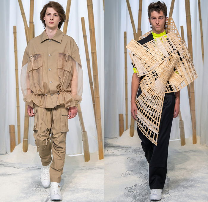 Feng Chen Wang 2020 Spring Summer Mens Runway Looks Collection London Fashion Week Mens LFWM - Lanyinhuabu Indigo Dyeing Bamboo Crafts Basketweave Sweater Shirt Denim Jeans Patchwork Quilted Jacket Sheer Anorak Windbreaker Cargo Utility Pockets Frayed Raw Hem Hybrid Extra Collar Mesh Fishnet Fisherman Hat Trench Coat Double Waistband Stripes Suit Blazer Drawstring Shorts Baseball Cap High Tops Sneakers 