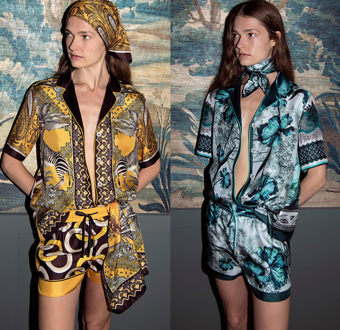 For Restless Sleepers by Francesca Ruffini 2020 Spring Summer Womens Lookbook Presentation - Milano Moda Donna Collezione Milan Fashion Week Italy - Bandanna Scarf Lounge Sleepwear Pajamas Silk Satin Foulard Decorative Art Ornaments Animals Jungle Zebra Swan Crane Birds Wings Giraffe Monkeys Bees Palm Trees Tropical Flowers Floral Rings Loops Paisley Tarot Cards Blouse Robe Maxi Dress Wide Leg Palazzo Pants Shorts Asymmetrical Handkerchief Hem Patchwork Skirt Sandals