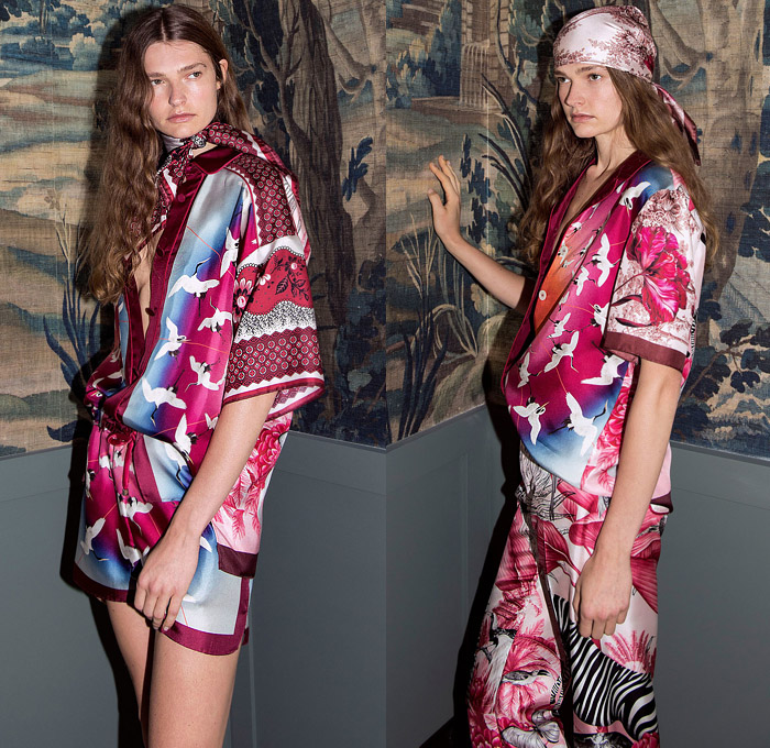 For Restless Sleepers by Francesca Ruffini 2020 Spring Summer Womens Lookbook Presentation - Milano Moda Donna Collezione Milan Fashion Week Italy - Bandanna Scarf Lounge Sleepwear Pajamas Silk Satin Foulard Decorative Art Ornaments Animals Jungle Zebra Swan Crane Birds Wings Giraffe Monkeys Bees Palm Trees Tropical Flowers Floral Rings Loops Paisley Tarot Cards Blouse Robe Maxi Dress Wide Leg Palazzo Pants Shorts Asymmetrical Handkerchief Hem Patchwork Skirt Sandals