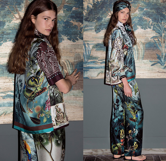 For Restless Sleepers by Francesca Ruffini 2020 Spring Summer Womens Lookbook Presentation - Milano Moda Donna Collezione Milan Fashion Week Italy - Bandanna Scarf Lounge Sleepwear Pajamas Silk Satin Foulard Decorative Art Ornaments Animals Jungle Zebra Swan Crane Birds Wings Giraffe Monkeys Bees Palm Trees Tropical Flowers Floral Rings Loops Paisley Tarot Cards Blouse Robe Maxi Dress Wide Leg Palazzo Pants Shorts Asymmetrical Handkerchief Hem Patchwork Skirt Sandals