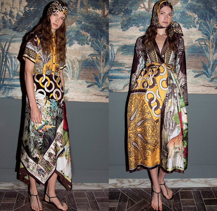 For Restless Sleepers by Francesca Ruffini 2020 Spring Summer Womens Lookbook Presentation - Milano Moda Donna Collezione Milan Fashion Week Italy - Bandanna Scarf Lounge Sleepwear Pajamas Silk Satin Foulard Decorative Art Ornaments Animals Jungle Zebra Swan Crane Birds Wings Giraffe Monkeys Bees Palm Trees Tropical Flowers Floral Rings Loops Paisley Tarot Cards Blouse Robe Maxi Dress Wide Leg Palazzo Pants Shorts Asymmetrical Handkerchief Hem Patchwork Skirt Sandals