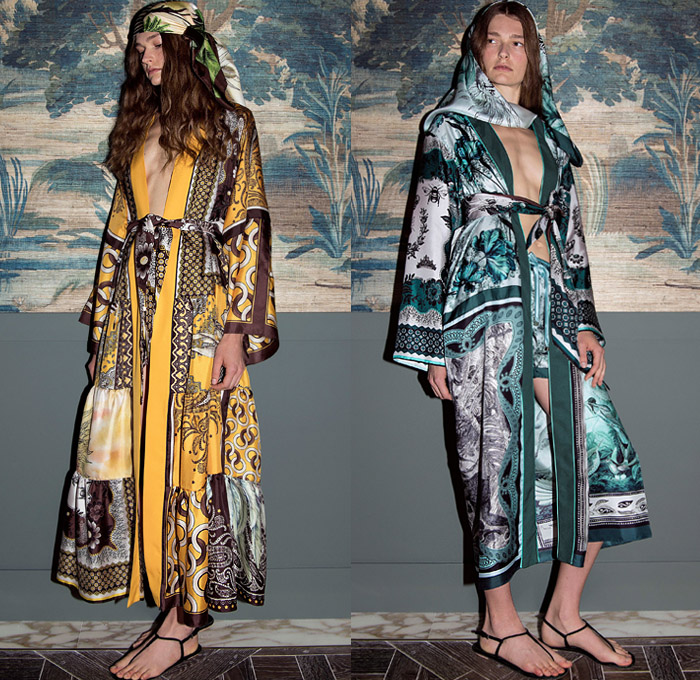 For Restless Sleepers by Francesca Ruffini 2020 Spring Summer Womens Lookbook Presentation - Milano Moda Donna Collezione Milan Fashion Week Italy - Bandanna Scarf Lounge Sleepwear Pajamas Silk Satin Foulard Decorative Art Ornaments Animals Jungle Zebra Swan Crane Birds Wings Giraffe Monkeys Bees Palm Trees Tropical Flowers Floral Rings Loops Paisley Tarot Cards Blouse Robe Maxi Dress Wide Leg Palazzo Pants Shorts Asymmetrical Handkerchief Hem Patchwork Skirt Sandals