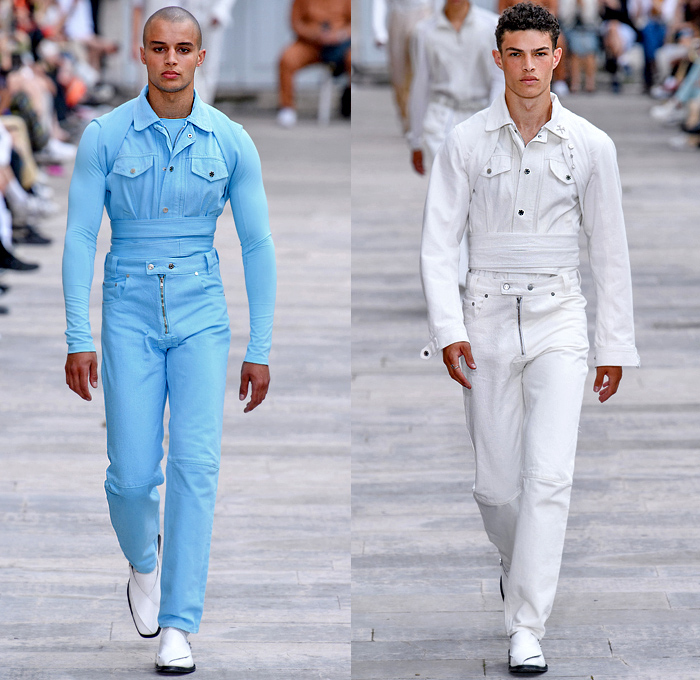 GmbH 2020 Spring Summer Mens Runway Looks Collection Paris Fashion Week Homme France FHCM - 20 20 Vision Amulet Cheshm Nazar Boncuğu Qurbāni Mâvi Gökçe Boncuk Decorative Art Motif Shoulder Strap Oversleeve Wrap Obi Sash Cargo Pockets Trench Coat Suit Shirt Mesh Holes Tank Top Harness Crotch Denim Jeans Coated Plastic Pants Jogger Zipper Trainers