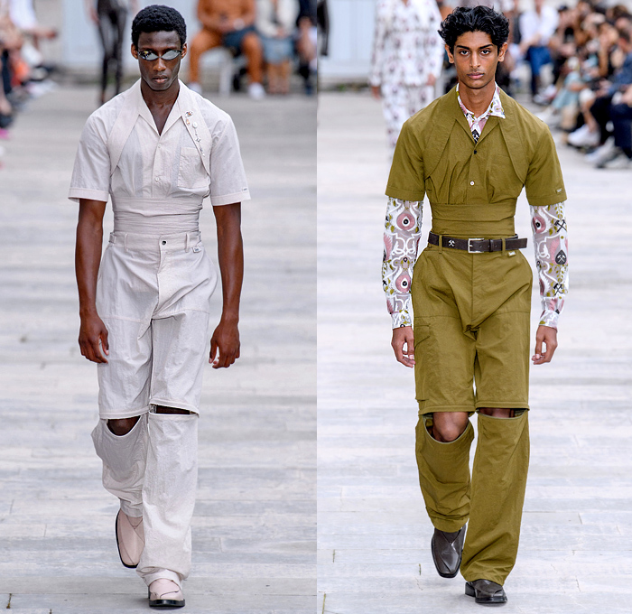 GmbH 2020 Spring Summer Mens Runway Looks Collection Paris Fashion Week Homme France FHCM - 20 20 Vision Amulet Cheshm Nazar Boncuğu Qurbāni Mâvi Gökçe Boncuk Decorative Art Motif Shoulder Strap Oversleeve Wrap Obi Sash Cargo Pockets Trench Coat Suit Shirt Mesh Holes Tank Top Harness Crotch Denim Jeans Coated Plastic Pants Jogger Zipper Trainers