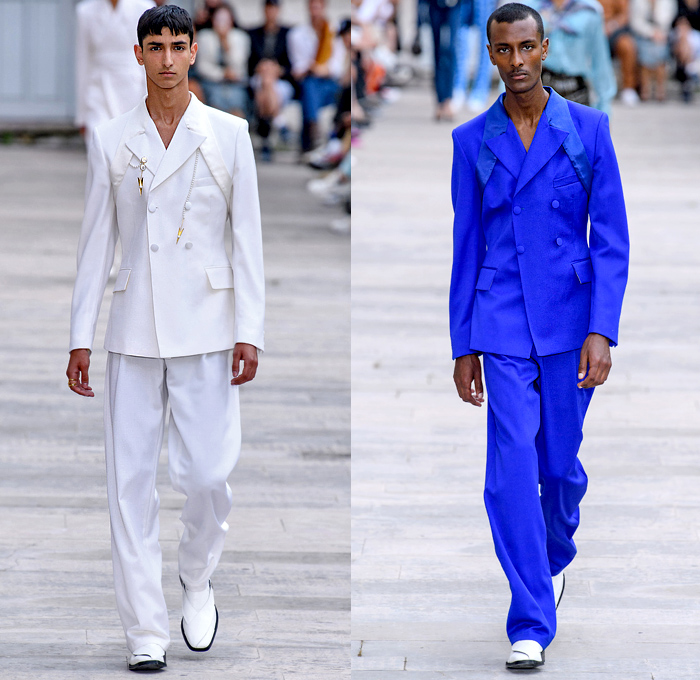 GmbH 2020 Spring Summer Mens Runway Looks Collection Paris Fashion Week Homme France FHCM - 20 20 Vision Amulet Cheshm Nazar Boncuğu Qurbāni Mâvi Gökçe Boncuk Decorative Art Motif Shoulder Strap Oversleeve Wrap Obi Sash Cargo Pockets Trench Coat Suit Shirt Mesh Holes Tank Top Harness Crotch Denim Jeans Coated Plastic Pants Jogger Zipper Trainers