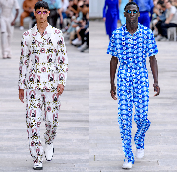 GmbH 2020 Spring Summer Mens Runway Looks Collection Paris Fashion Week Homme France FHCM - 20 20 Vision Amulet Cheshm Nazar Boncuğu Qurbāni Mâvi Gökçe Boncuk Decorative Art Motif Shoulder Strap Oversleeve Wrap Obi Sash Cargo Pockets Trench Coat Suit Shirt Mesh Holes Tank Top Harness Crotch Denim Jeans Coated Plastic Pants Jogger Zipper Trainers