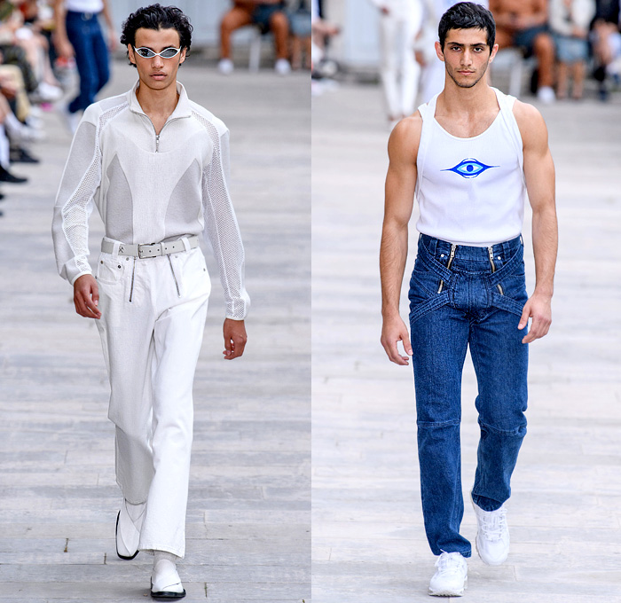 GmbH 2020 Spring Summer Mens Runway Looks Collection Paris Fashion Week Homme France FHCM - 20 20 Vision Amulet Cheshm Nazar Boncuğu Qurbāni Mâvi Gökçe Boncuk Decorative Art Motif Shoulder Strap Oversleeve Wrap Obi Sash Cargo Pockets Trench Coat Suit Shirt Mesh Holes Tank Top Harness Crotch Denim Jeans Coated Plastic Pants Jogger Zipper Trainers