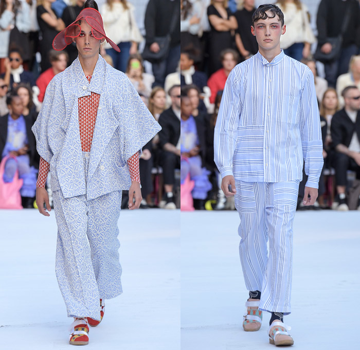 Henrik Vibskov 2020 Spring Summer Mens Runway Catwalk Looks Collection - Copenhagen Fashion Week Denmark CPHFW København - Mesh Bucket Hat Pier Boat Sea Lobster Claws Elastic Band Geometric Diamonds Plaid Check Pattern Print Trench Coat Long Sleeve Shirt Stripes Wide Sleeves Cargo Pockets Suit Blazer Harem Pants Baggy Slouchy Leggings Shorts Strap Shoes