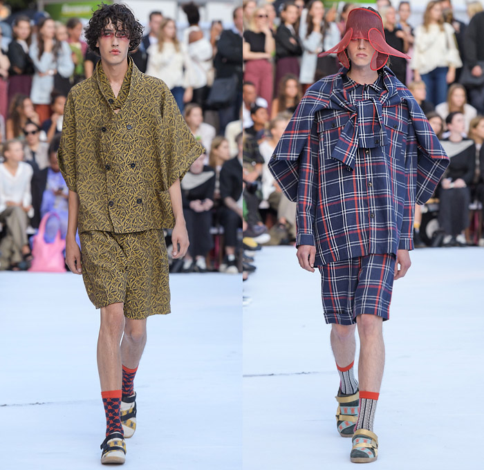 Henrik Vibskov 2020 Spring Summer Mens Runway Catwalk Looks Collection - Copenhagen Fashion Week Denmark CPHFW København - Mesh Bucket Hat Pier Boat Sea Lobster Claws Elastic Band Geometric Diamonds Plaid Check Pattern Print Trench Coat Long Sleeve Shirt Stripes Wide Sleeves Cargo Pockets Suit Blazer Harem Pants Baggy Slouchy Leggings Shorts Strap Shoes